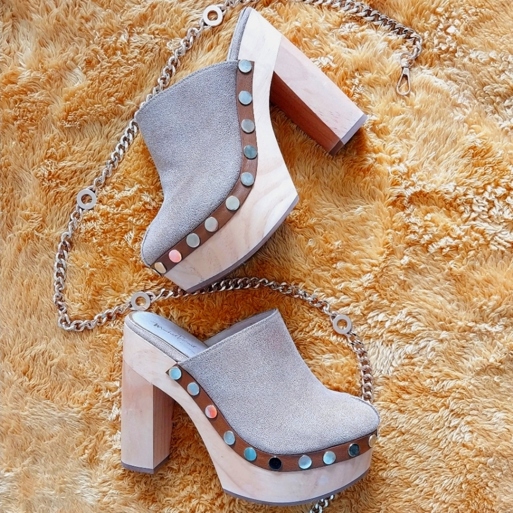 Tan And Wood Platform Mules